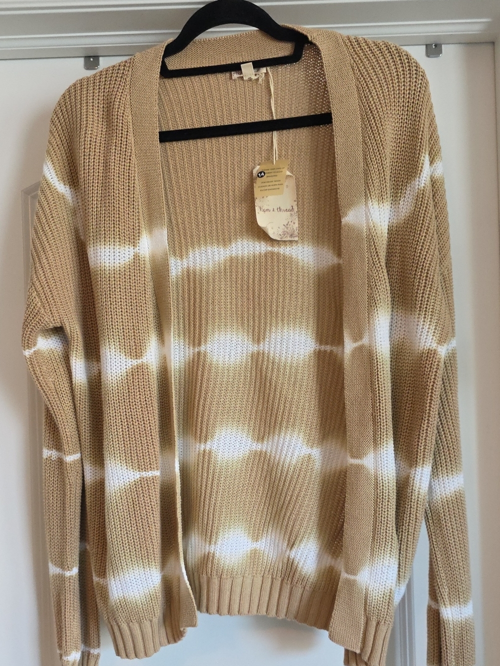 NWT Hem & Thread Medium Tan and White Tie-Dye Open Front Cardigan